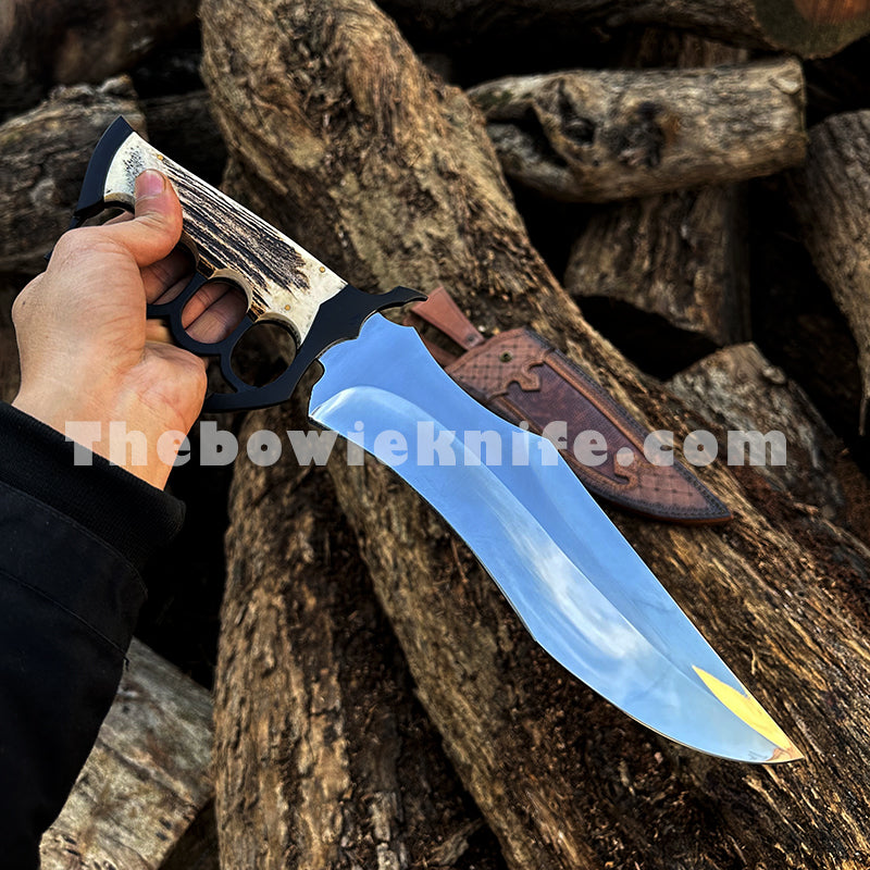Personalizowany nóż Bowie z rękojeścią z poroża i mosiężnym kastetem – ręcznie wykonana skórzana pochwa (BK-05)