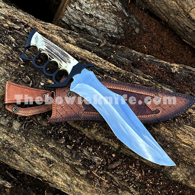 Personalizowany nóż Bowie z rękojeścią z poroża i mosiężnym kastetem – ręcznie wykonana skórzana pochwa (BK-05)