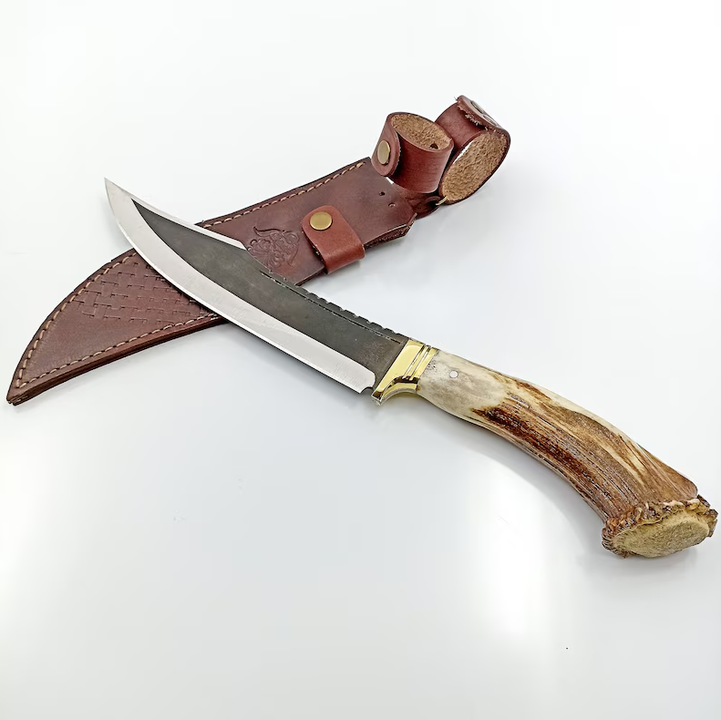 Nóż Bowie z poroża jelenia ze skórzaną pochwą