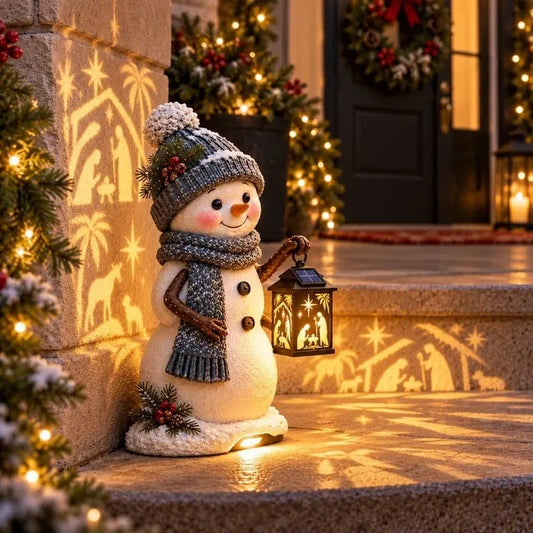 ⛄ Snowman Nativity GlowTM – zasilane energią słoneczną oświetlenie schodów świątecznych z wyświetlanym obrazem Świętej Rodziny