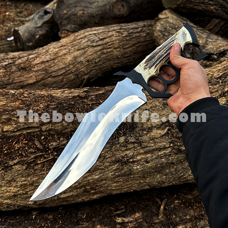 Personalizowany nóż Bowie z rękojeścią z poroża i mosiężnym kastetem – ręcznie wykonana skórzana pochwa (BK-05)