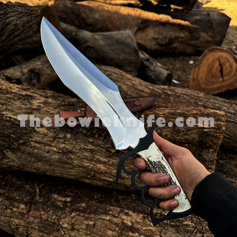 Personalizowany nóż Bowie z rękojeścią z poroża i mosiężnym kastetem – ręcznie wykonana skórzana pochwa (BK-05)