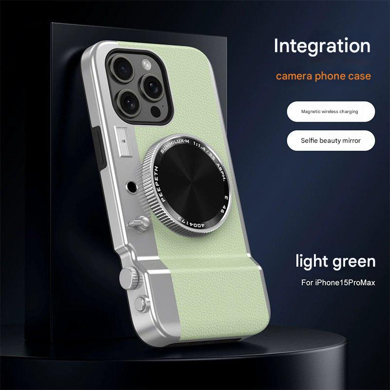 Stylowe skórzane etui na telefon z wbudowanym przyciskiem aparatu i łącznością Bluetooth.