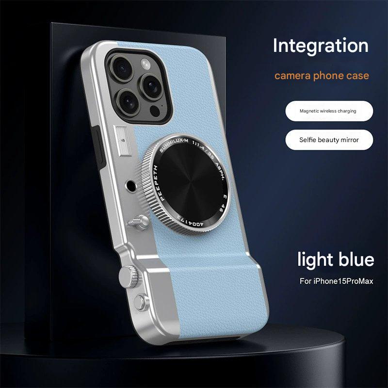 Stylowe skórzane etui na telefon z wbudowanym przyciskiem aparatu i łącznością Bluetooth.