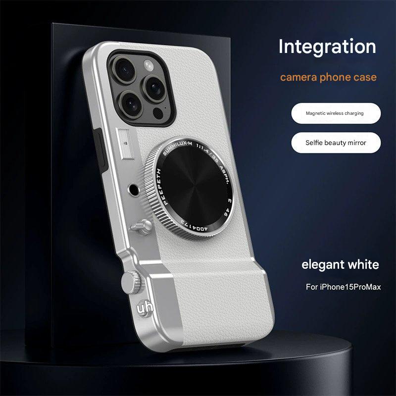 Stylowe skórzane etui na telefon z wbudowanym przyciskiem aparatu i łącznością Bluetooth.