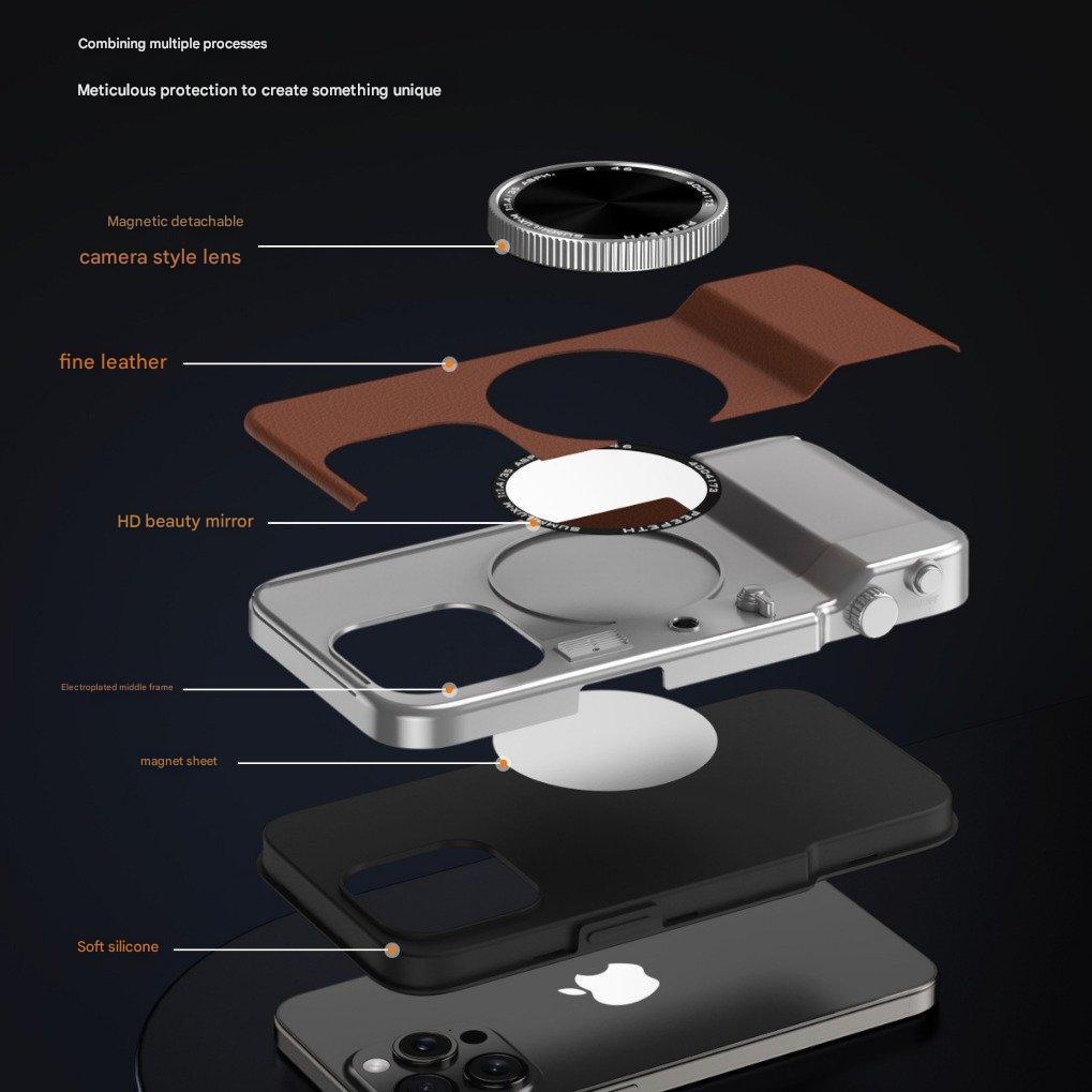 Stylowe skórzane etui na telefon z wbudowanym przyciskiem aparatu i łącznością Bluetooth.