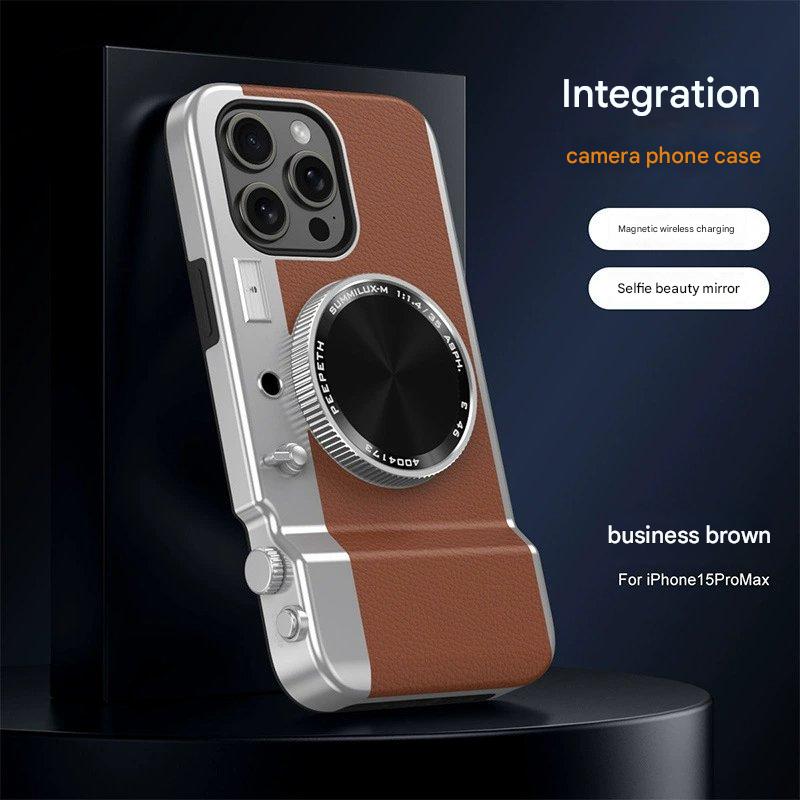Stylowe skórzane etui na telefon z wbudowanym przyciskiem aparatu i łącznością Bluetooth.