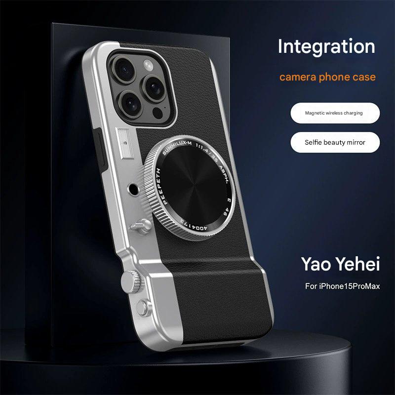 Stylowe skórzane etui na telefon z wbudowanym przyciskiem aparatu i łącznością Bluetooth.