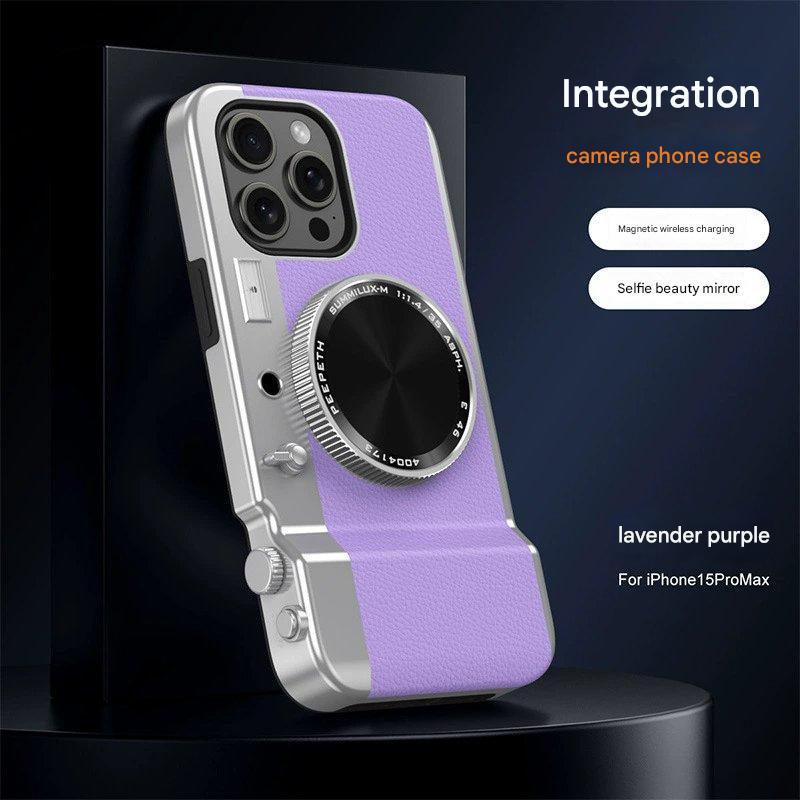Stylowe skórzane etui na telefon z wbudowanym przyciskiem aparatu i łącznością Bluetooth.