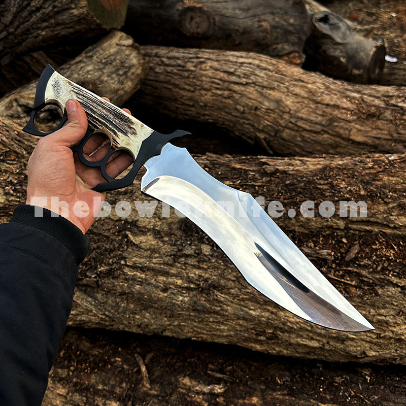 Personalizowany nóż Bowie z rękojeścią z poroża i mosiężnym kastetem – ręcznie wykonana skórzana pochwa (BK-05)