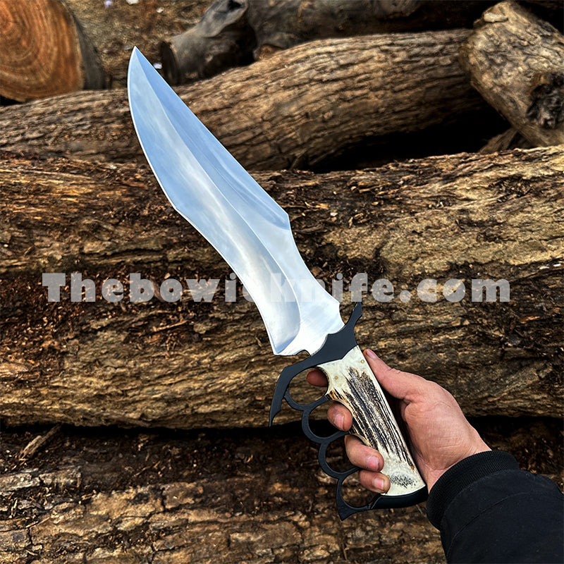 Personalizowany nóż Bowie z rękojeścią z poroża i mosiężnym kastetem – ręcznie wykonana skórzana pochwa (BK-05)