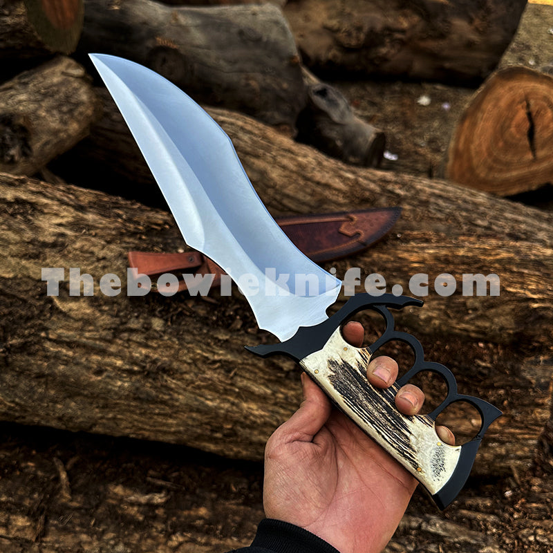 Personalizowany nóż Bowie z rękojeścią z poroża i mosiężnym kastetem – ręcznie wykonana skórzana pochwa (BK-05)